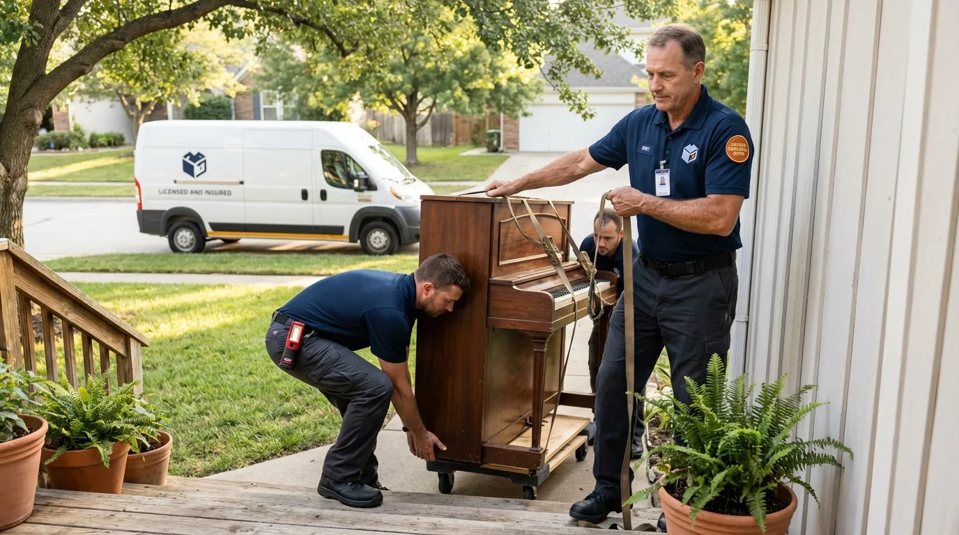 Licensed piano movers securing grand piano in Constantine, MI