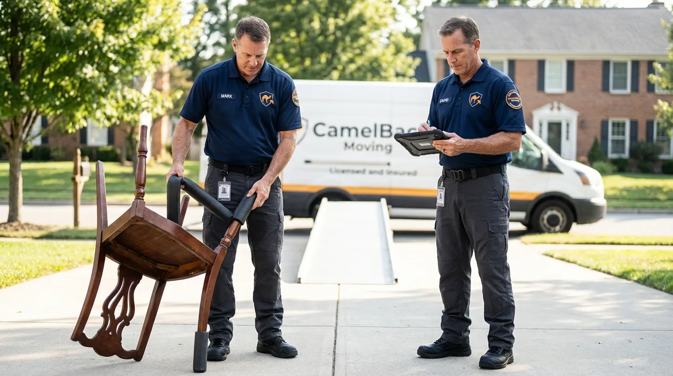Movers inspecting furniture for damage prevention before loading in Constantine, MI
