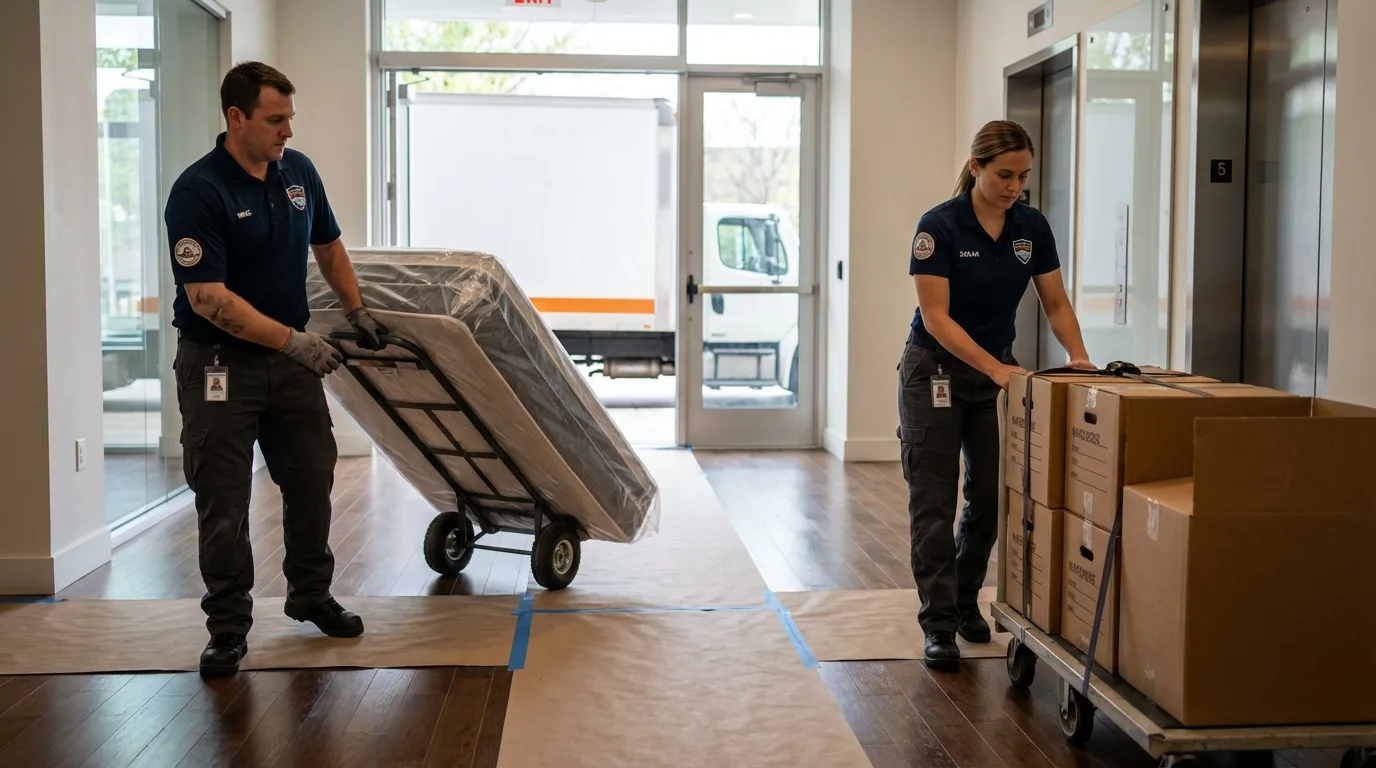 Professional apartment movers loading elevator in Constantine, MI