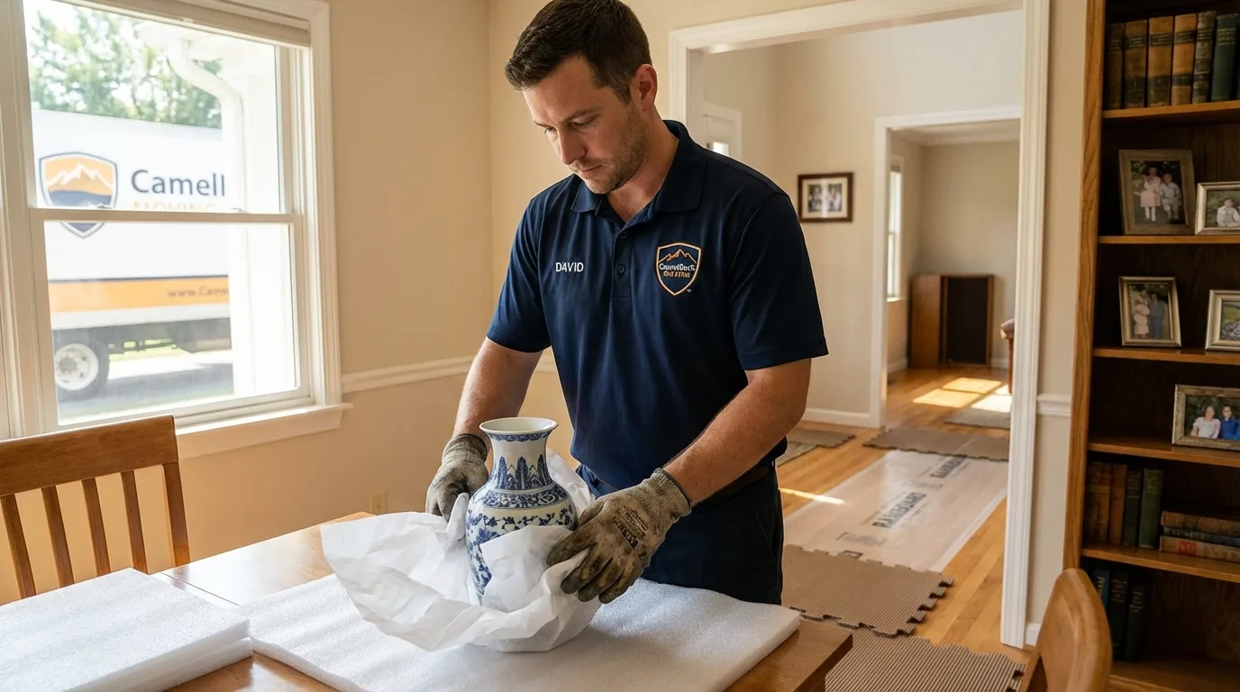 Professional crew carefully wrapping antique vase for senior downsizing move in Constantine, MI