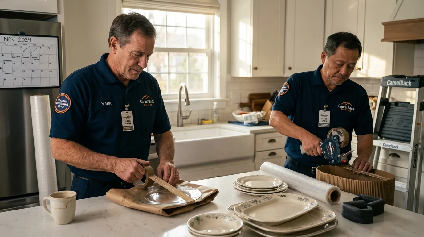 Professional crew packing kitchen dishware in Constantine, MI